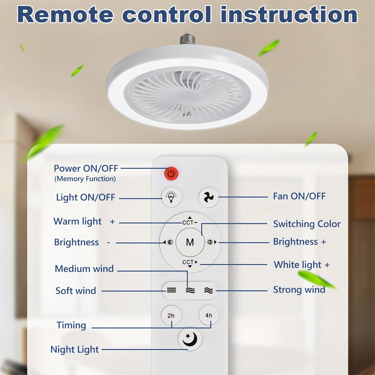 LED Smart Fan Light, Adjustable Wind Power & Infinitely Dimmable, Invisible No Blade, E27/E26 Recessed Installation with Remote Control, Modern Simple with Thin Ceiling Fan Light for Living Room, Bedroom, Dining Room, Storage