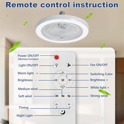 LED Smart Fan Light, Adjustable Wind Power & Infinitely Dimmable, Invisible No Blade, E27/E26 Recessed Installation with Remote Control, Modern Simple with Thin Ceiling Fan Light for Living Room, Bedroom, Dining Room, Storage