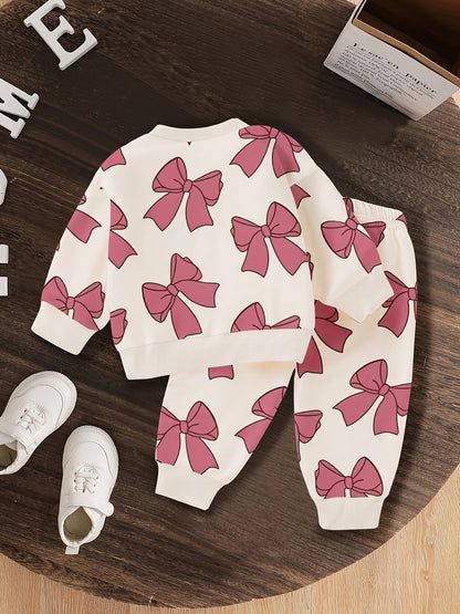 Suitable for Autumn - Girls' 0-3 Years Old - Round Neck Long Sleeve Bow Print Sweatshirt and Pants, Light Beige-Friendly Comfortable Warm Fashion Baby Outfit 2pcs Set Perfect for Parties and Outdoor Occasions, for Outdoor