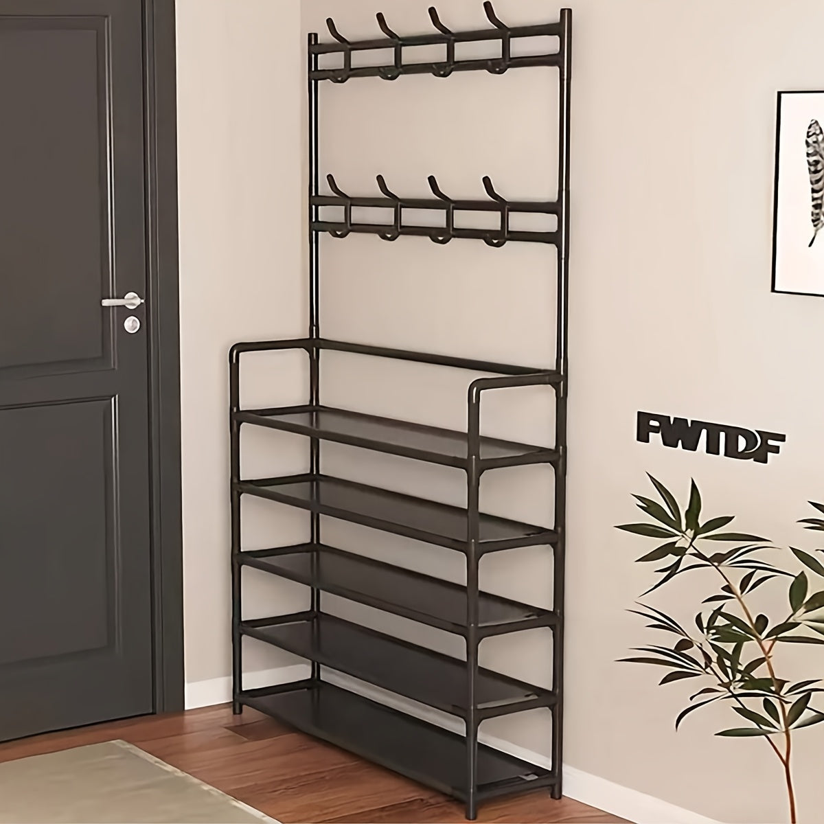 1pc Multi-Functional Entryway Organizer - Heavy-Duty Shoe Rack & Coat Hanger with Hooks, Space-Saving Hallway Storage Cabinet, Easy Assembly No Tools Needed, Sturdy Metal/Plastic Construction for Living Room, Bedroom, Office