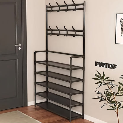 1pc Multi-Functional Entryway Organizer - Heavy-Duty Shoe Rack & Coat Hanger with Hooks, Space-Saving Hallway Storage Cabinet, Easy Assembly No Tools Needed, Sturdy Metal/Plastic Construction for Living Room, Bedroom, Office