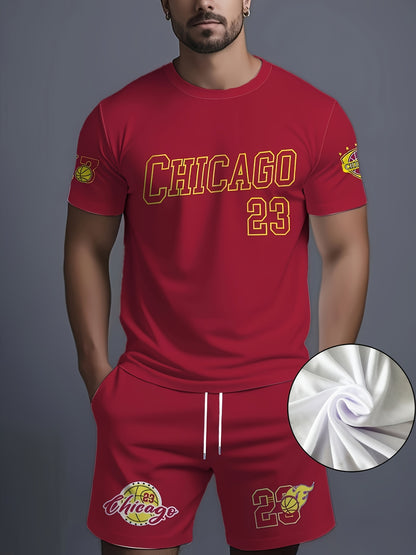 Men'S Trendy Round Neck Short Sleeve Shorts Set, 3D Digital Print High-Definition Pattern, Summer Casual Comfortable Vacation Sportswear