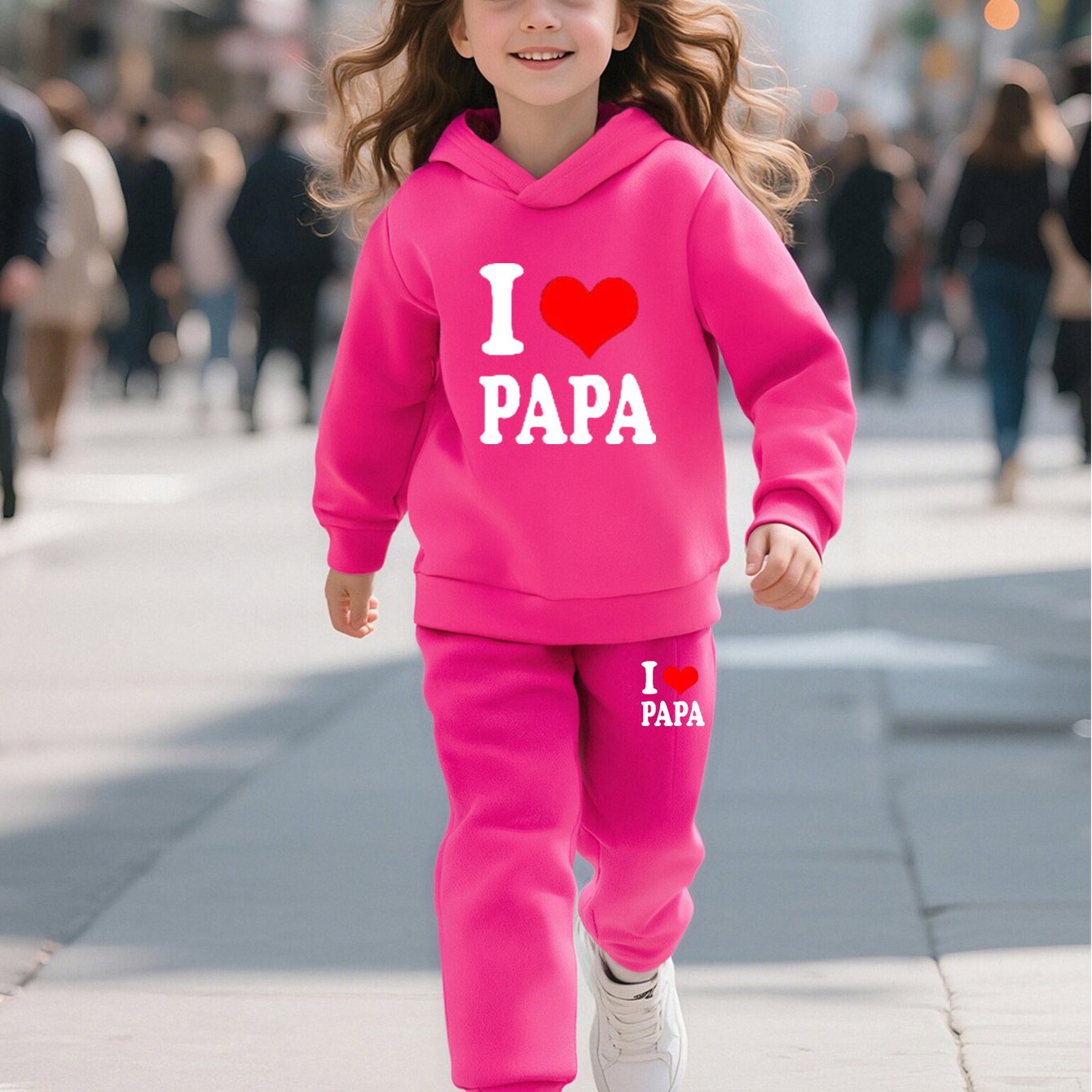 2pcs Back-to-School Season Fashionable Autumn/Winter Casual Sporty Style Girls' "I Love Dad" Cartoon Print Long Sleeve Fleece-Lined Hoodie + Sweatpants Set, Perfect for Outdoor