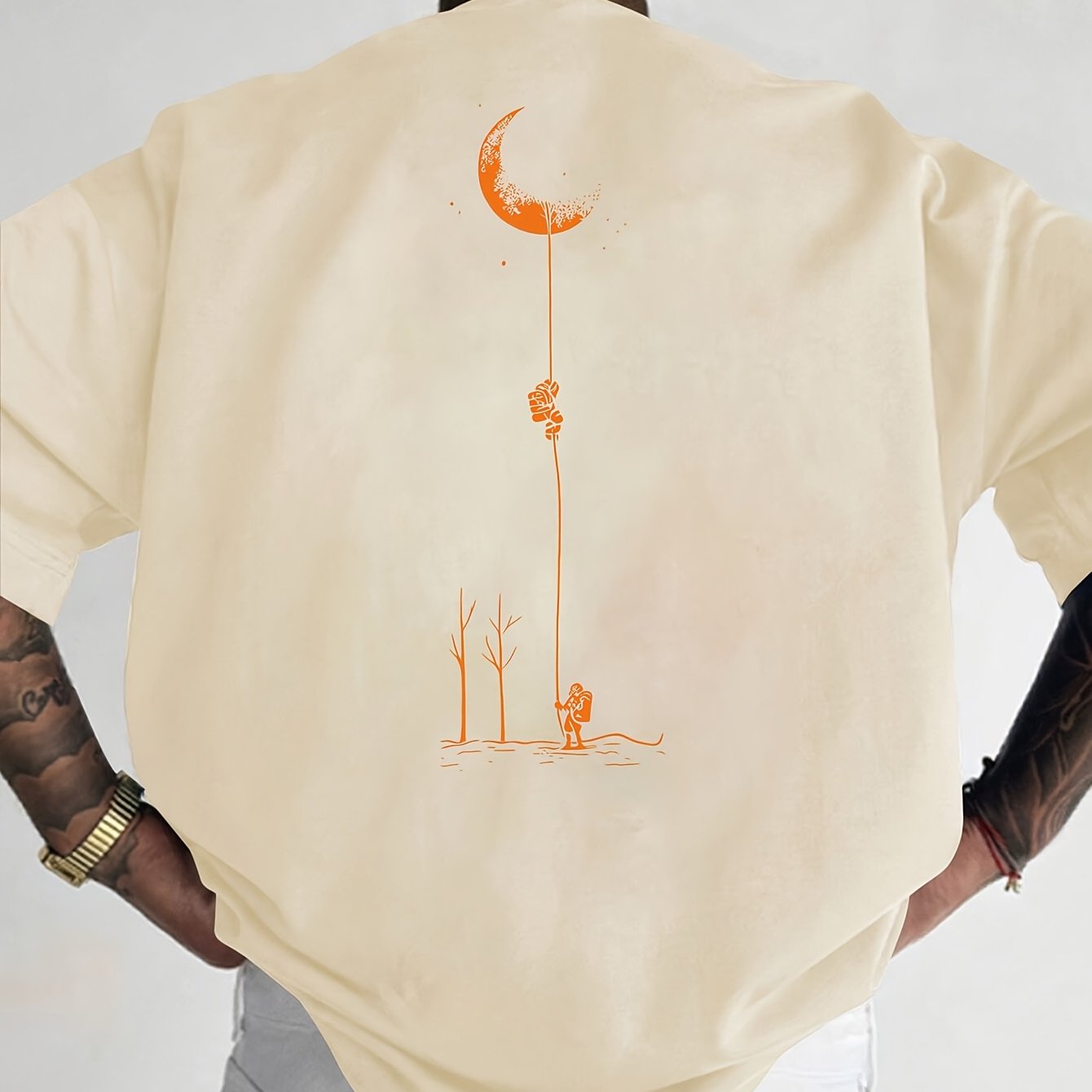 Men's Graphic Print Short Sleeve T-Shirt - Black Relaxed Fit Casual Round Neck, Durable Polyester Fabric, Machine Washable Summer Outdoor Top, Moon And Trees Design | Lightweight Clothing