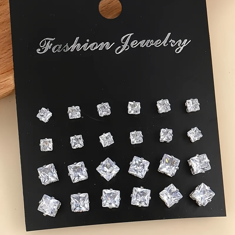 12-Pair Set Elegant Square Cubic Zirconia Stud Earrings for Men, Fashion Simple Iron Non-Plated Stainless Steel Post Ear Studs, Hypoallergenic Casual Daily Jewelry Gift