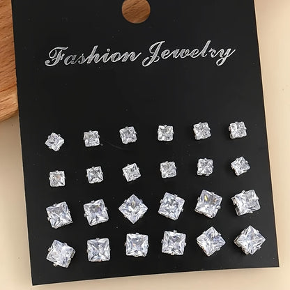 12-Pair Set Elegant Square Cubic Zirconia Stud Earrings for Men, Fashion Simple Iron Non-Plated Stainless Steel Post Ear Studs, Hypoallergenic Casual Daily Jewelry Gift