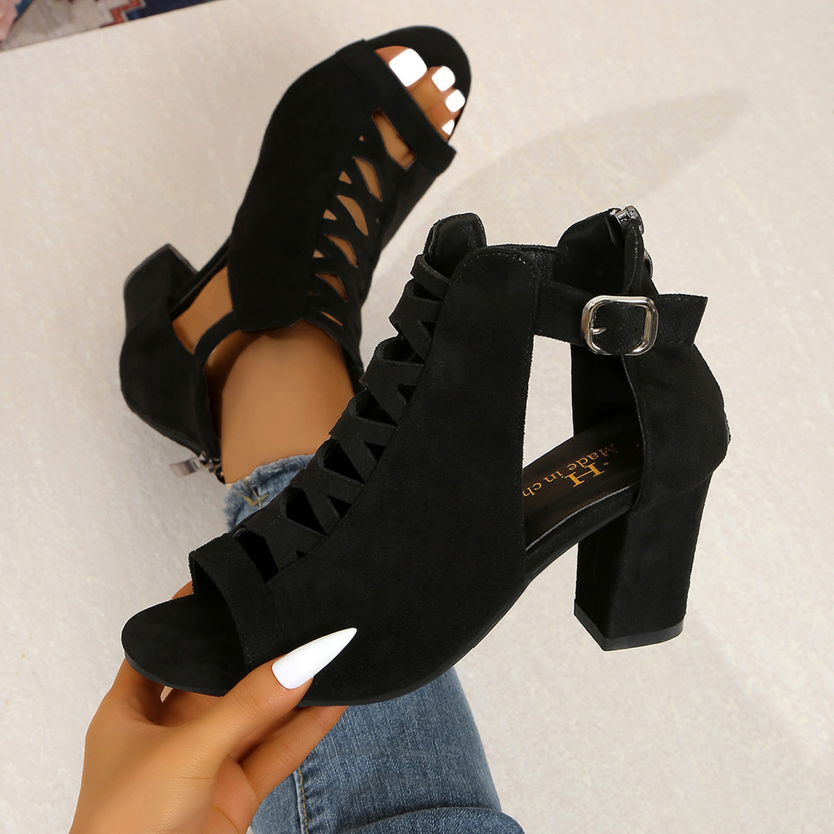 Women'S High-Top Block Heel Sandals - Stylish Black Open-Toe with Ankle Strap, Zipper Closure, and Cut-Out Design, Perfect for Casual or Formal Occasions, Casual Footwear | High Heel Sandals | Rubber Sole Sandals