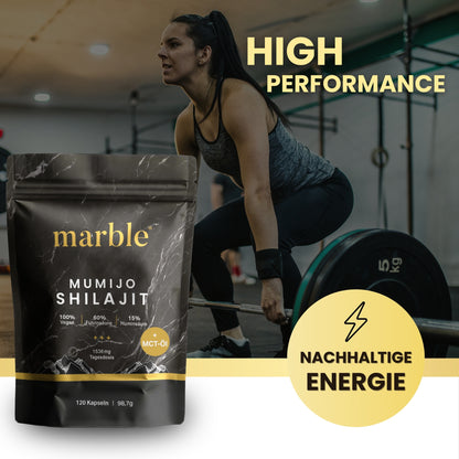 Marble Shilajit Original Himalaya Capsules with MCT Oil - Mumijo Shilajit 120pcs Ultra High-Dose in a Bag - 1536 Mg Daily Dose Vegan - Filled And Laboratory-Tested in Germany - Made in Germany