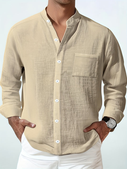 Men's Lightweight 95% Linen Shirt - Breathable Summer Casual Button-Up with Stand Collar, Regular Fit for Beach & Urban Wear, Solid Color