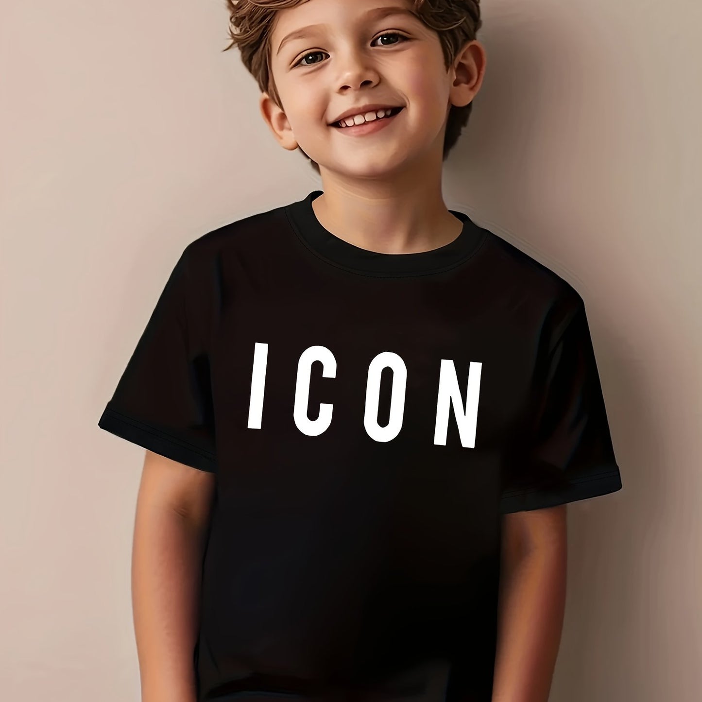 1pc Boys' Casual Summer T-Shirt with "ICON" Letter Print - Black, Short Sleeve, Round Neck, Stretchy Fabric, Perfect for Casual Attire, Everyday Tshirt | Bold Lettering Tee | Comfortable Fit