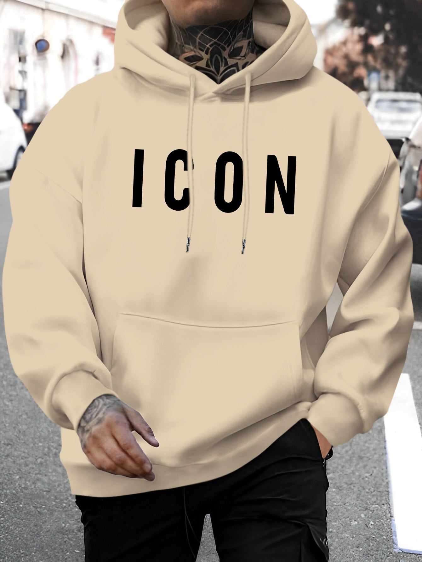 Men'S Casual Hoodie with Iconic Print - Stylish Pullover with Kangaroo Pocket, Stretch Fabric, Machine Washable - Perfect for Spring & Fall, Polyester Blend, Casual Wear Hoodie|Hooded Sweatshirt|Stretch Fabric Hoodie