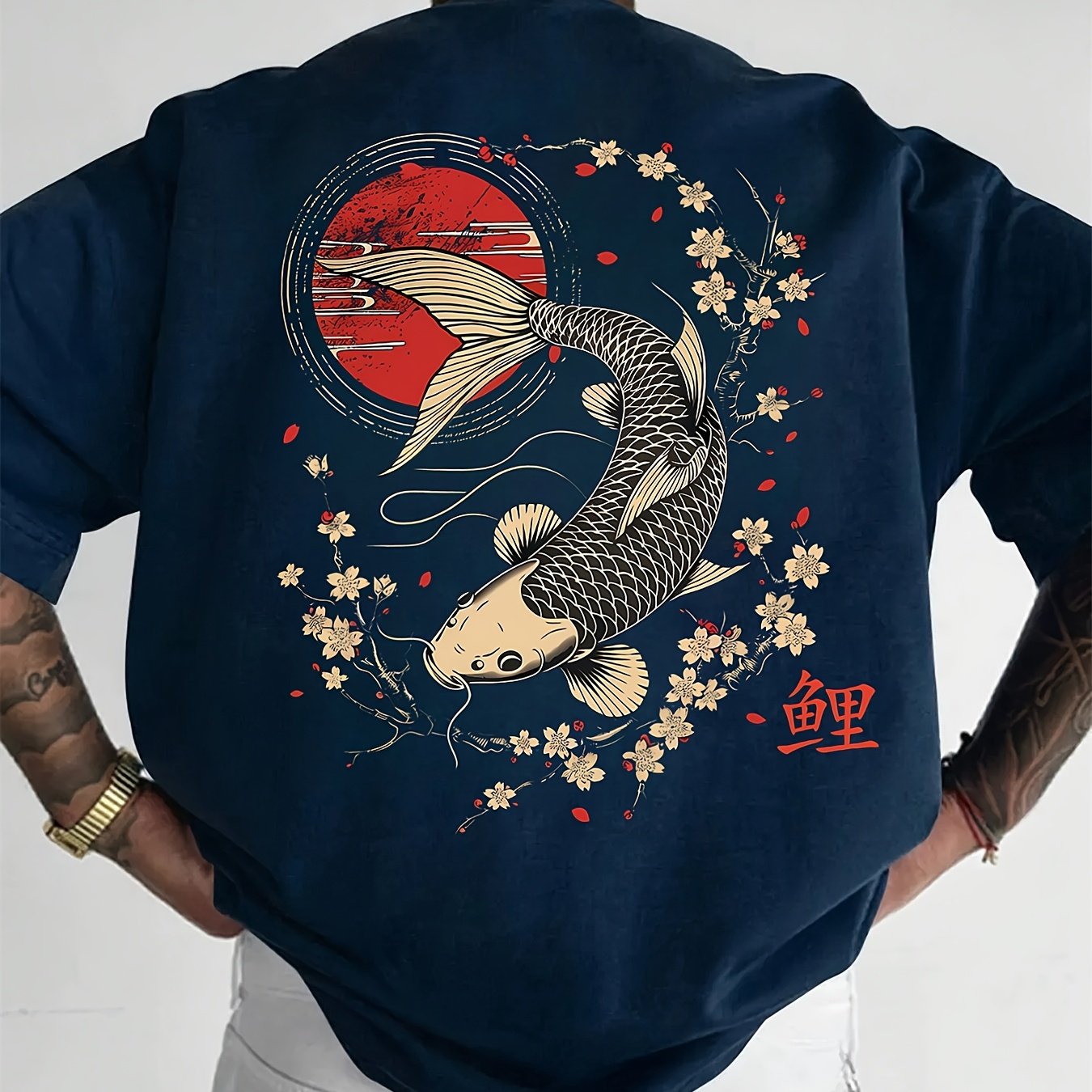 Men's 100% Cotton Retro T-Shirt - Navy Blue Short Sleeve Casual Tee with Koi Fish & Cherry Blossom Print, Regular Fit, Machine Washable, Cotton T Shirts, Summer Apparel, Breathable Fabric