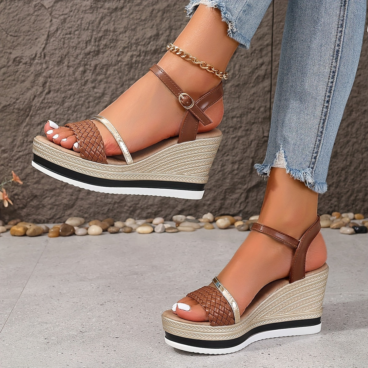 2024 New Arrival - Elegant 8.5cm High Heel Sandals with Golden & White Strap Design, Comfortable Platform Wedge for Women, Summer Fashion Footwear, Stylish Ankle Accessories | Elegant High Heel | Platform Wedge Sandals