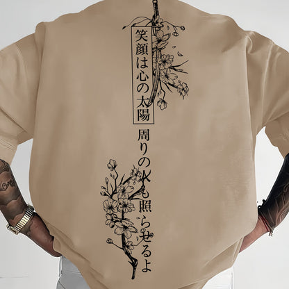 Men's Japanese Sakura Cherry Blossom & Text Print Casual T-Shirt - Black with Golden Floral Print Design, Loose Fit Round Neck, Breathable Summer Fabric, Machine Washable, Relaxed Fit Clothing, Elegant Design Shirt