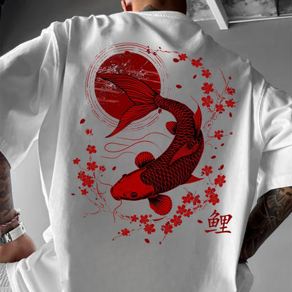 Men's 100% Cotton Retro T-Shirt - Navy Blue Short Sleeve Casual Tee with Koi Fish & Cherry Blossom Print, Regular Fit, Machine Washable, Cotton T Shirts, Summer Apparel, Breathable Fabric