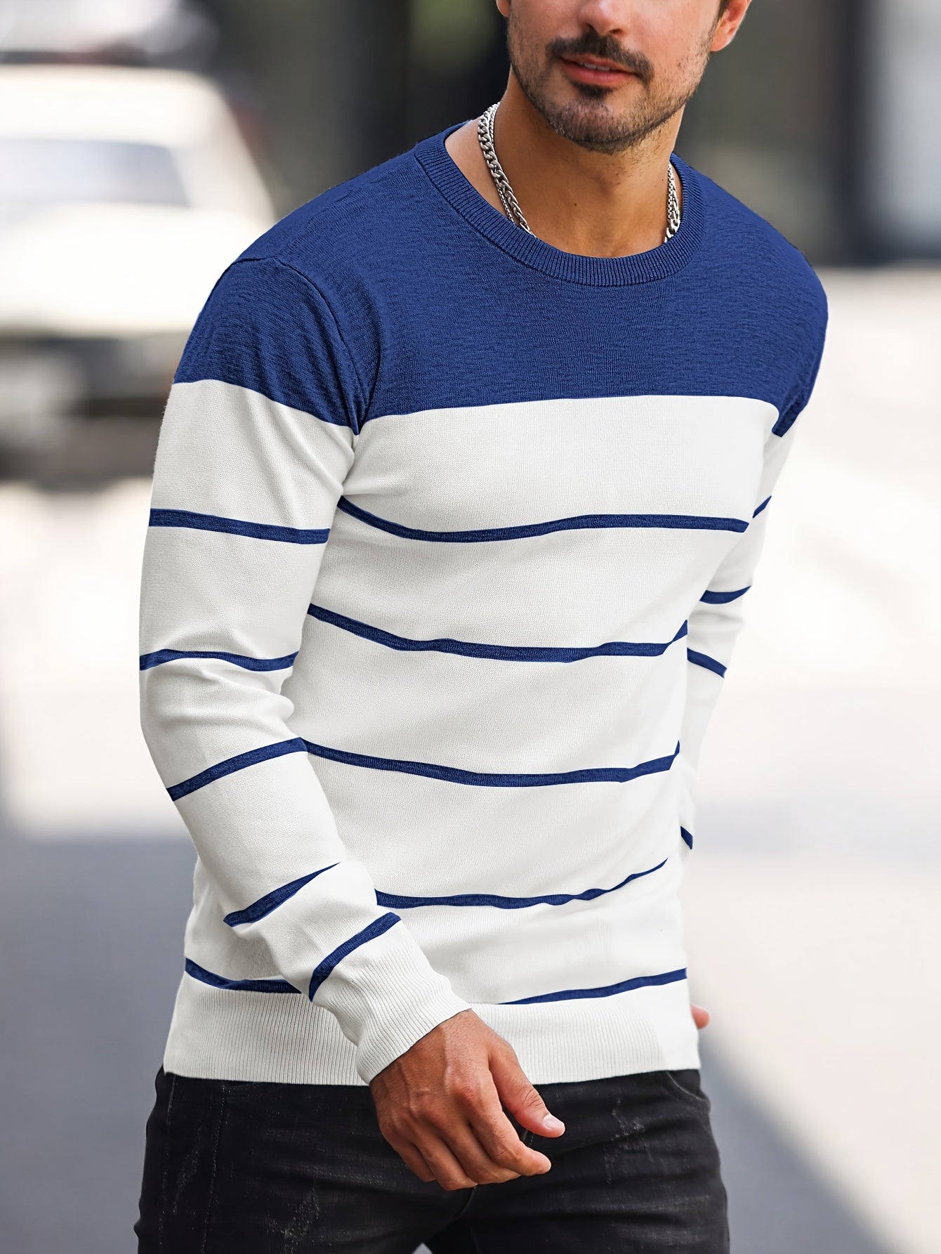 Men's Casual Striped Knit Pullover Sweater - Navy & White Contrast, Regular Fit H-Silhouette, Long Sleeve Crew Neck, Medium Stretch, Machine Washable for Spring & Fall, Mediumstretch Fabric
