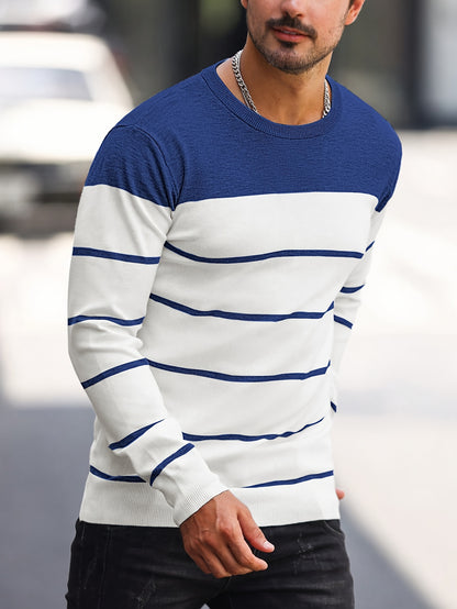 Men's Casual Striped Knit Pullover Sweater - Navy & White Contrast, Regular Fit H-Silhouette, Long Sleeve Crew Neck, Medium Stretch, Machine Washable for Spring & Fall, Mediumstretch Fabric