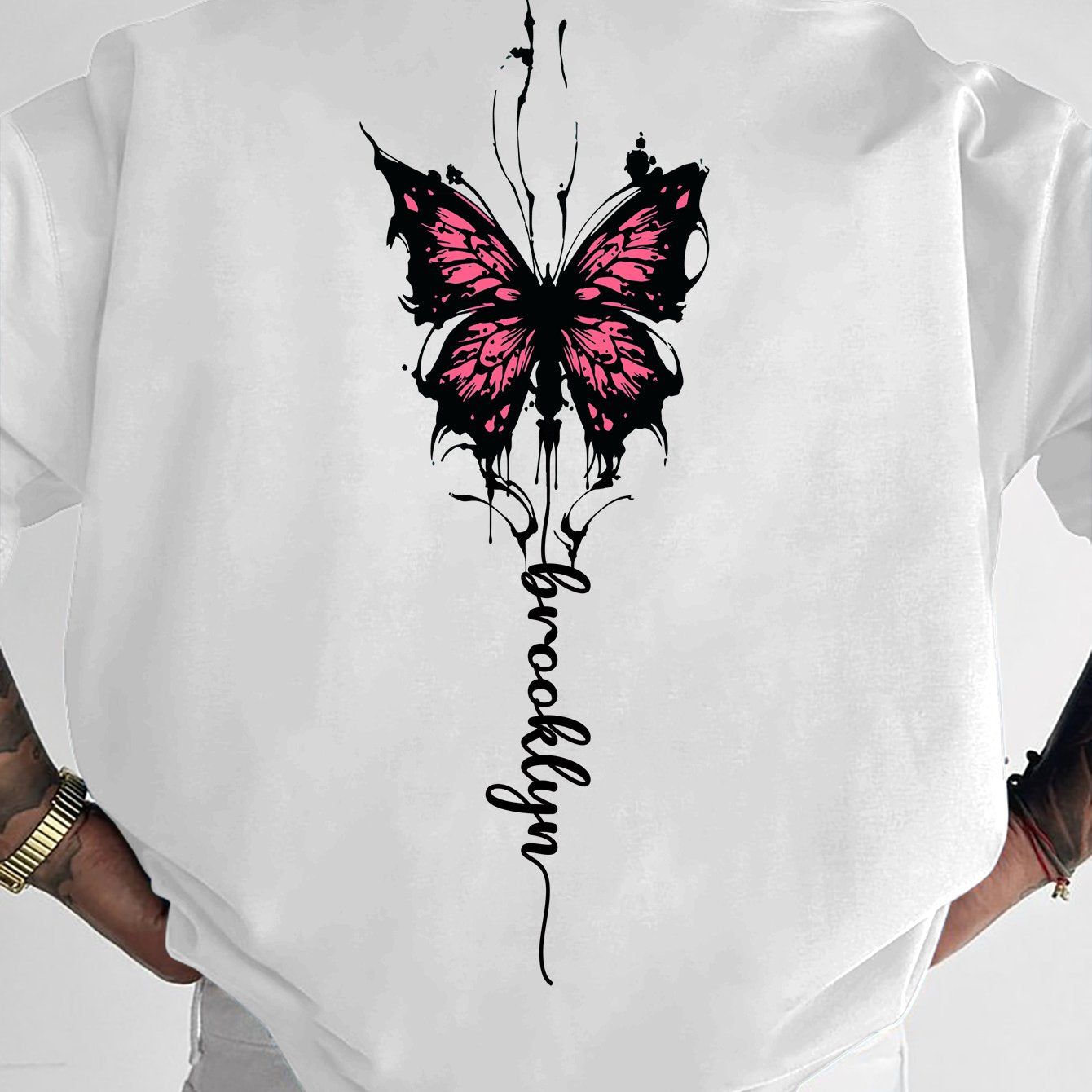 Men's Streetwear Graphic T-Shirt with Pink Butterfly & Brooklyn Letter Print - Loose Fit Casual Summer Tee, Breathable Round Neck Short Sleeve Shirt for Urban Fashion, Casual Attire, Streetstyle Tee, Relaxed Fit Top