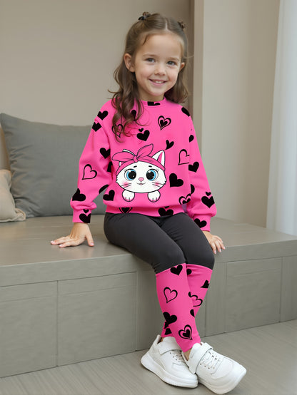 Girls' Spring/Autumn Heart Print Round Neck T-Shirt + Casual Patchwork Pants Cute Cat Pattern Two-Piece Set