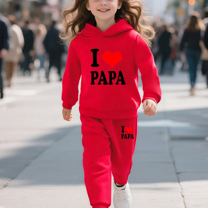 Fashionable Autumn And Winter Casual Sports Style for And "I Love Dad" Cartoon Popular Print Pattern Long-Sleeved Plus Velvet Warm Hooded Sweatshirt + Sweatpants Two-Piece Set, for Outdoor
