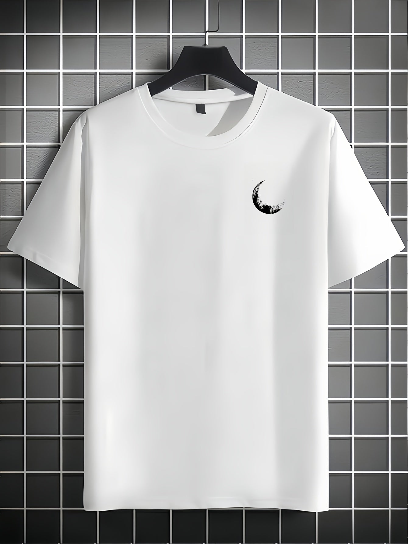 Men's Graphic Print Short Sleeve T-Shirt - Black Relaxed Fit Casual Round Neck, Durable Polyester Fabric, Machine Washable Summer Outdoor Top, Moon And Trees Design | Lightweight Clothing