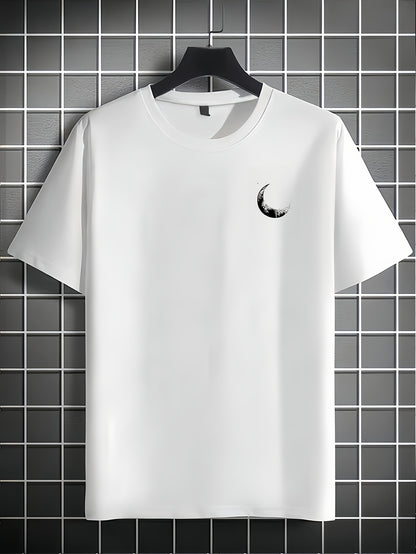 Men's Graphic Print Short Sleeve T-Shirt - Black Relaxed Fit Casual Round Neck, Durable Polyester Fabric, Machine Washable Summer Outdoor Top, Moon And Trees Design | Lightweight Clothing