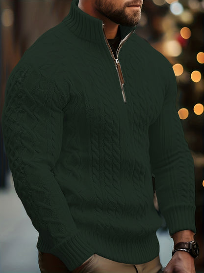 Men's Sweater, Half-High Collar Zip-Up Cable Knit Pullover with Adjustable Neckline, Classic Cable Weave Design, Minimalist and Versatile for Casual Wear, Mature and Stylish Look, Perfect for Autumn and Winter Seasons, Combin