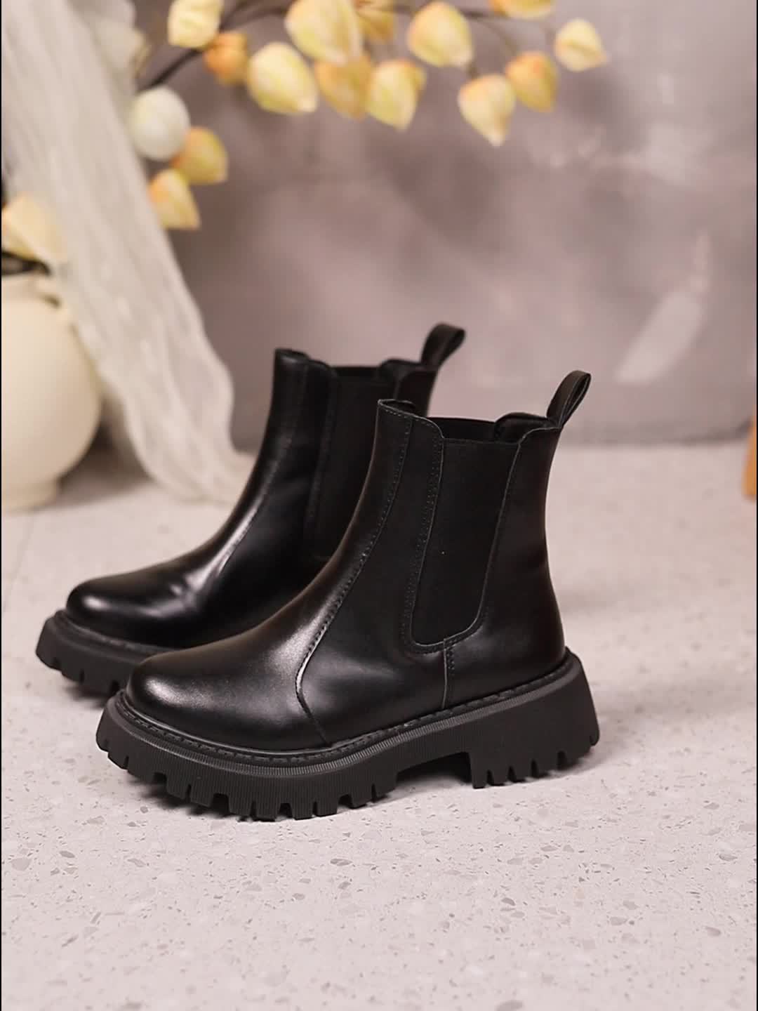 Women'S Slip-On Chelsea Boots - Thick Platform Mid-Calf, Round Toe & Cushioned Sole, Soft Rubber Sole, Elastic Lining, Solid Black Versatile Boots for Autumn/Winter Commuting & Casual Wear, Comfortable Footwear, Fashionforwar