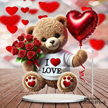 1pc, 2D Acrylic Flat, Charming Bohemian Style Acrylic Teddy Bear with Roses and Heart Balloons - "I Love" Design, 22.1x19.99 cm - Suitable for Home, Office, Garden, Ideal Gift