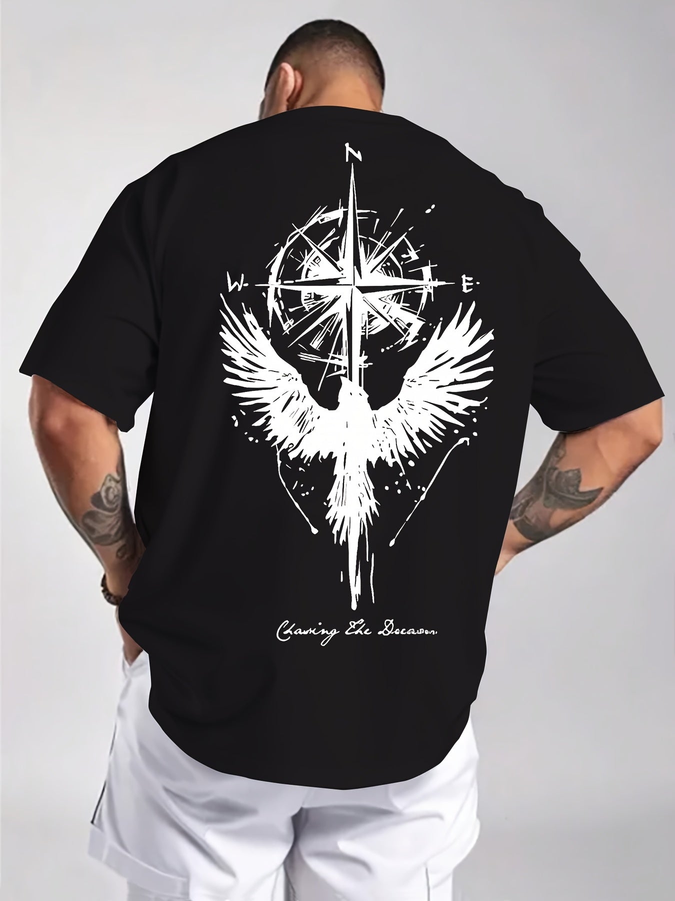 Men'S Summer Short Sleeve T-Shirt with Bold Eagle & Compass Print - Light Blue Casual Round Neck Tee, Comfortable Stretch Fabric for Casual Attire, Everyday Tshirt | Bold Graphic Tee | Comfortable Fit