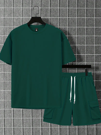 New Loose-Fitting Breathable Men'S Round Neck Short-Sleeved T-Shirt And Workwear Style Multi-Pocket Shorts Set Summer Leisure Sports Two-Piece Suit, Fashionable Sports Casual Versatile Tops And Pants for Men And Women