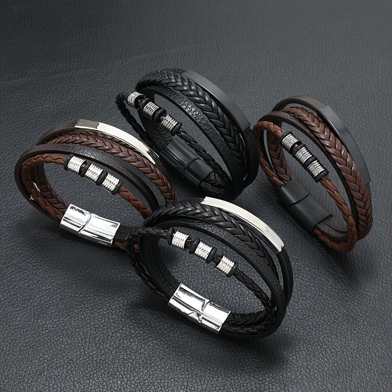 New Hot Selling Men's Vintage Hand-woven Multi-layer Beaded Alloy Magnetic Buckle PU Men's Bracelet