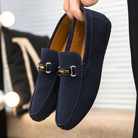 Men'S Slip-On Loafers - Black Faux Casual Shoes with Golden-Tone Buckle Straps, Round Toe & Non-Slip Rubber Sole for All-Season Comfort, Party & Casual Attire, Party Footwear, Sleek Shoe Design, Durable Footwear