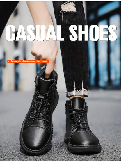 Men'S High-Top Ankle Boots - Genuine Upper, Lace-Up Closure, Durable PVC Sole, All-Season Versatile for Hiking, Casual & Outdoor Wear - Modern Streetwear Design, Hiking Boots, Sleek Boot Design