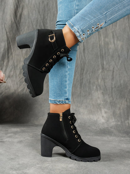 MagiMoBo Women'S Mid-Heel Ankle Boots with Side Zipper - Comfortable Faux Cover, Decorative Buckle Design, All-Season Versatile Casual Shoes for Casual Attire, Chunky Heel, Versatile Ankle Boots | Decorative Buckle Boots | Sy