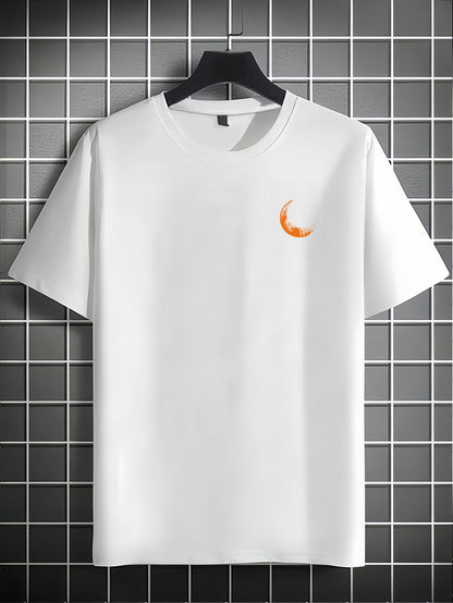 Men's Graphic Print Short Sleeve T-Shirt - Black Relaxed Fit Casual Round Neck, Durable Polyester Fabric, Machine Washable Summer Outdoor Top, Moon And Trees Design | Lightweight Clothing
