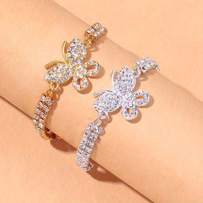 Bling Bling Butterfly Cuban Chain Anklet Inlaid Shiny Rhinestone Hip Hop Style Ankle Bracelet For Women Men