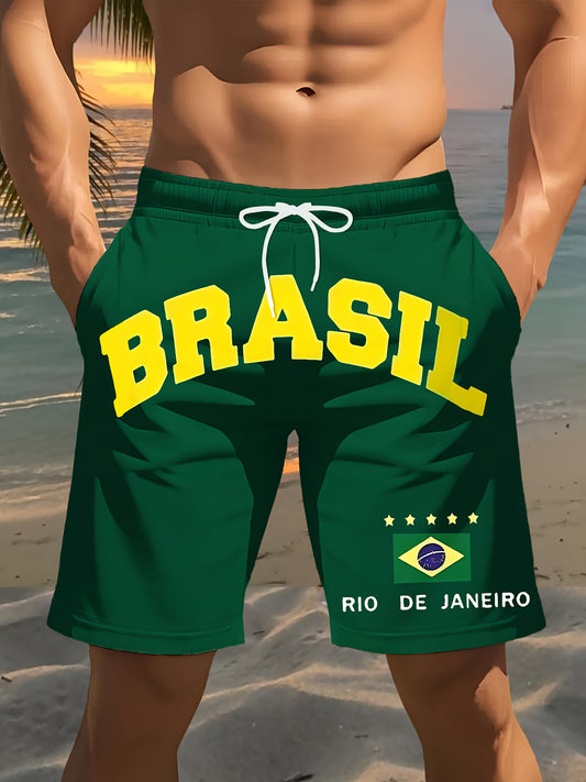2025 New Men'S Fashion Print Beach Shorts, Brazilian Football Style Pattern 3D Print, - Casual Polyester Drawstring Waist, Lightweight and Comfortable for Summer, Casual Wear | Drawstring Shorts | Comfortable Fit Shorts for B
