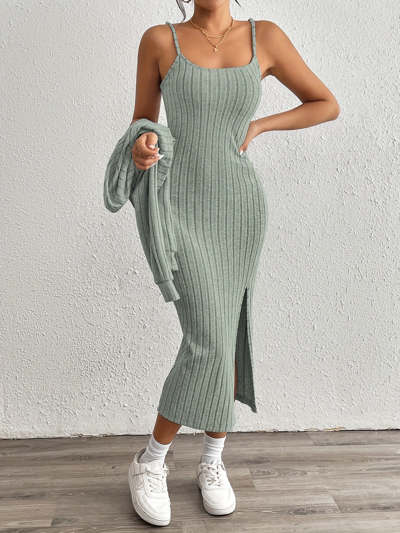 Simple y Fleece Two-Piece Dress and Jacket Set