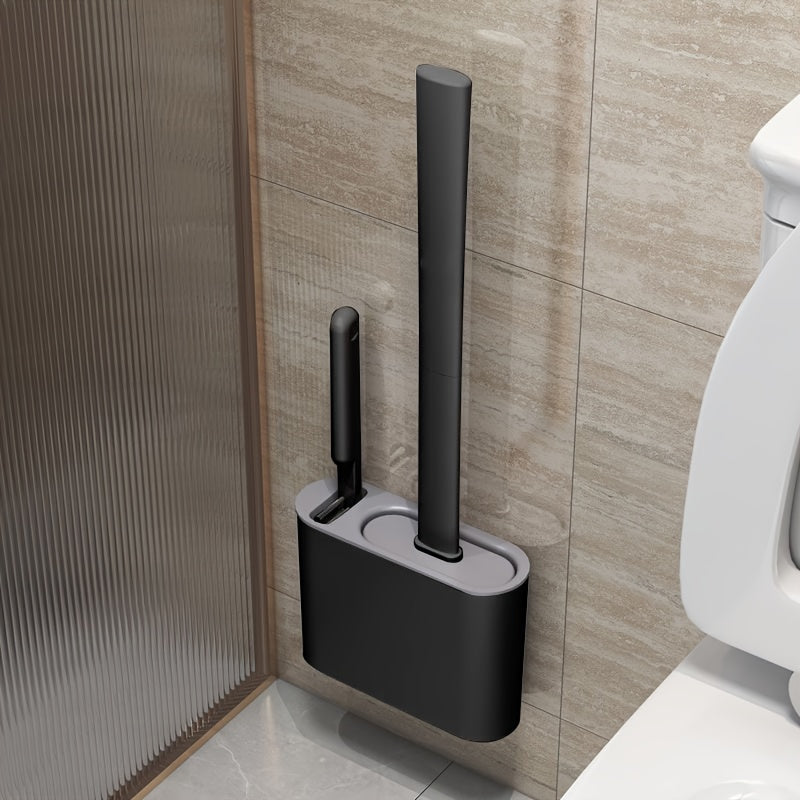 Silicone Toilet Brush with Wall-Mounted Storage Box - Flat Head Design, Suitable for Bathroom and Kitchen Cleaning, Durable Black Silicone Material, Easy to Hang Organizer