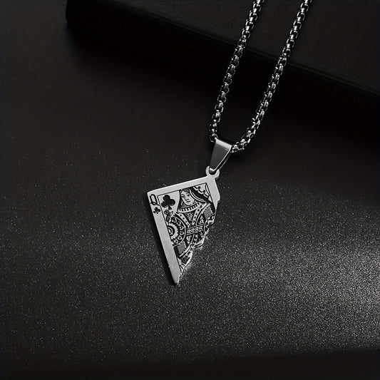1pc Stainless Steel Half-Heart Playing Card Pendant Necklace - Punk Gothic Style Intricate Spade & Heart Design Durable Unisex Jewelry Gift for Men Women, Heart Pendant Necklace, Statement Accessory, Polished Metallic Finish