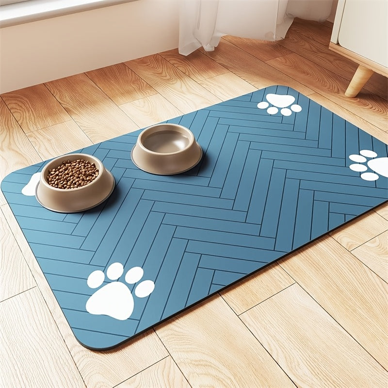 1pc Quick-Dry Diatom Mud Pet Feeding Mat - Splash-Proof, Absorbent, Easy to Clean, Suitable for Dogs and Cats, Herringbone Pattern with Paw Print Design, Washable Pet Feeding Mat