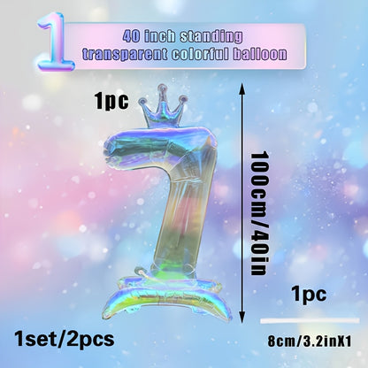 2pcs, 1pc 101.6cm transparent large digital balloon with crown and base + 1 straw, aluminum foil material, suitable for birthday party decoration, photo props, anniversary celebrations, Valentine's Day, New Year celebrations,