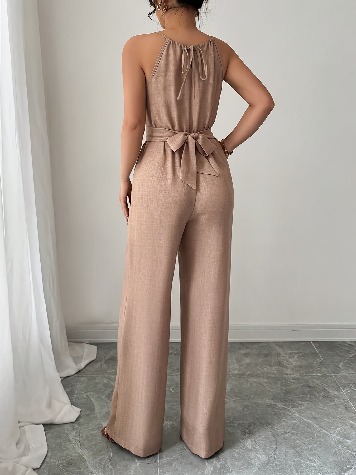 Women'S Elegant Off-Shoulder Twist Front Jumpsuit - Beige Wide-Leg Jumpsuit with Adjustable Waist Tie, Perfect for Spring & Summer Casual or Dressy Outfits, Casual Chic Wear | Offshoulder Fashion | Polyester Fabric