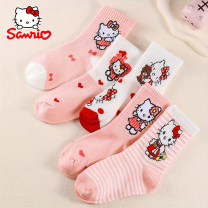 10 Pairs Hello Kitty Girls Socks, Cute Cartoon Sanrio Ankle Crew Socks, Breathable Soft Knit, Pink Red Heart Pattern, Spring Fall Winter Toddler Socks