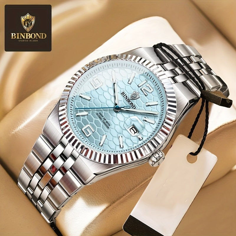 BINBOND Men's Sporty Elegant Quartz Watch with Date Display, Luminous Hands & Two-Tone Golden & Black Stainless Steel Band - High Quality Business Casual Watch for Everyday & Formal Wear, Versatile Wristwatch, Sophisticated D