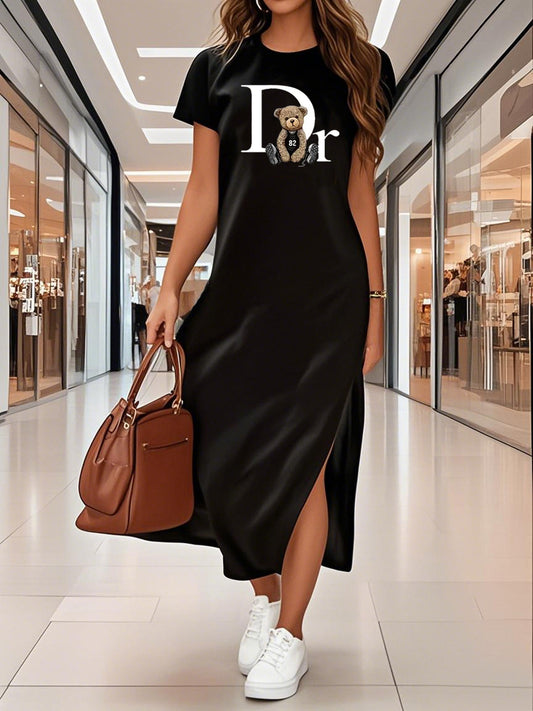 Women's Elegant Black DR Letter Print maxi dress - Side Slit Formal & Casual evening gown, Machine Washable for Parties, Office, Everyday Outfits - Spring/Fall/Summer Long Dress, Elegant Evening Dresses, Party Dress, Trendy F