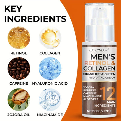 60g Men's Retinol Collagen Moisturizer with Hyaluronic Acid and Caffeine Peptides Niacinamide Jojoba Oil Firms and lifts, smooths sagging Light Beige, leaves Light Beige looking radiant, alcohol-free, suitable for all Light B