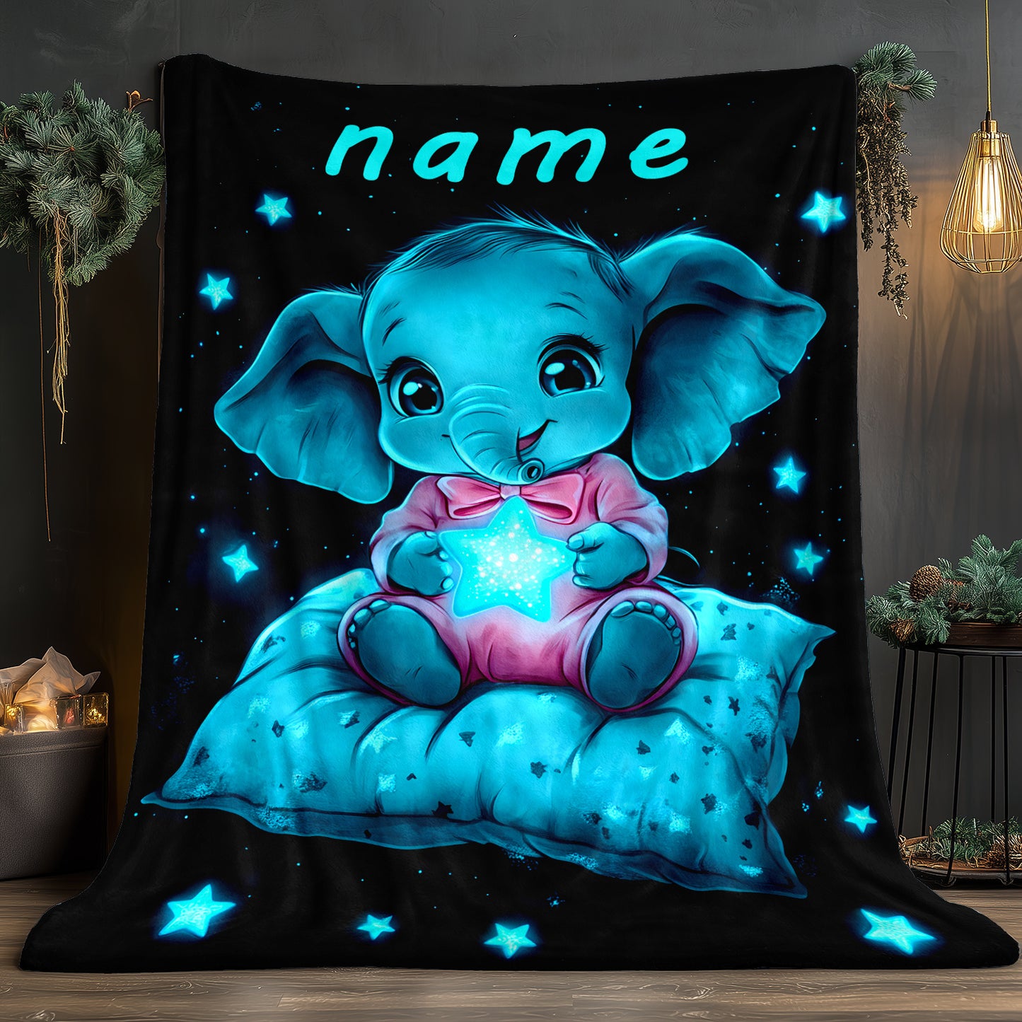 [Whimsical Charm] Personalized Name Starry Night Elephant Blanket – Soft Flannel, Lightweight & Warm – Cute Youngsters Elephant Design with Glowing Stars – Perfect for Sofa, Bed, Travel, Camping, and Gifting – 80.01x1