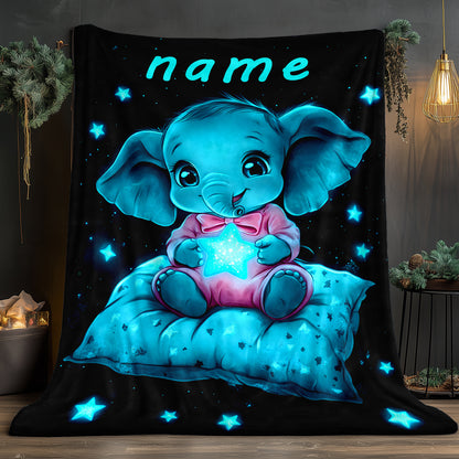 [Whimsical Charm] Personalized Name Starry Night Elephant Blanket – Soft Flannel, Lightweight & Warm – Cute Youngsters Elephant Design with Glowing Stars – Perfect for Sofa, Bed, Travel, Camping, and Gifting – 80.01x1